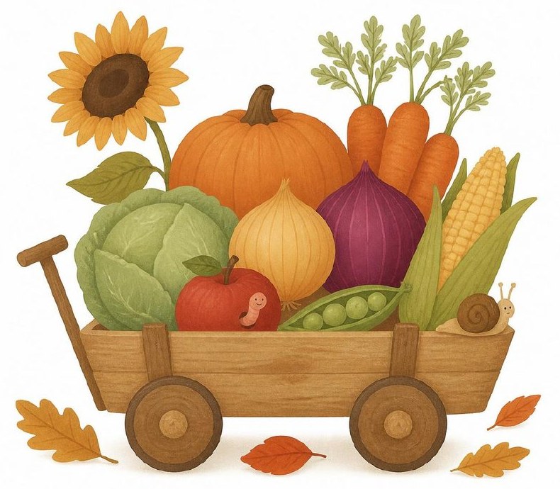 A harvest wagon from Pull, Peek & Grow